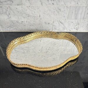 Vintage Gold Metal Filigree Mirrored Vanity Tray